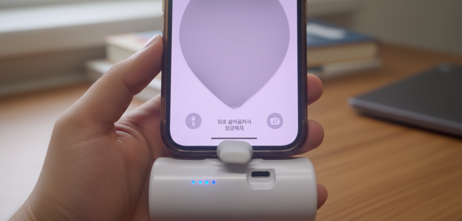 도킹 크래들에 올려진 구스페리 도킹형 보조배터리와 스마트폰 동시 충전 장면