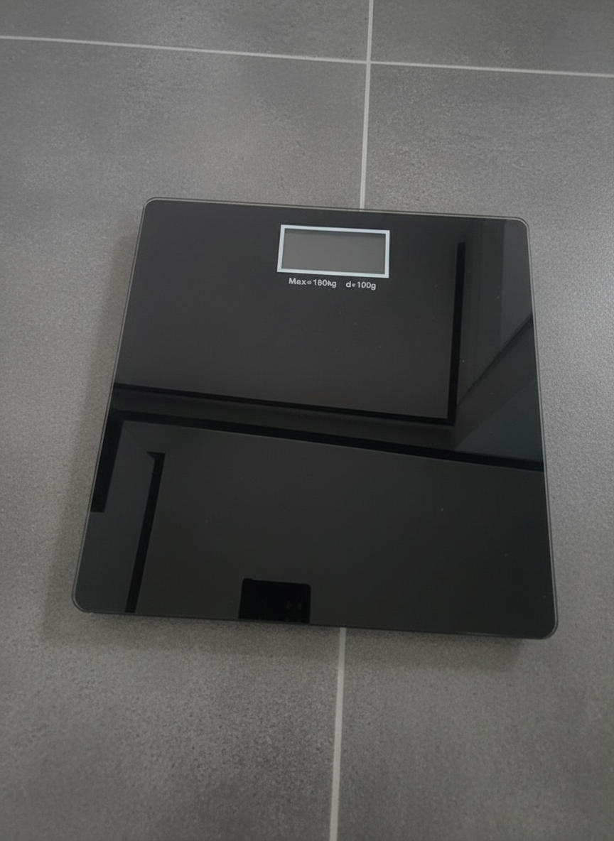 아령과 쌀을 올려 안정적으로 표시되는 노바리빙 체중계 이미지