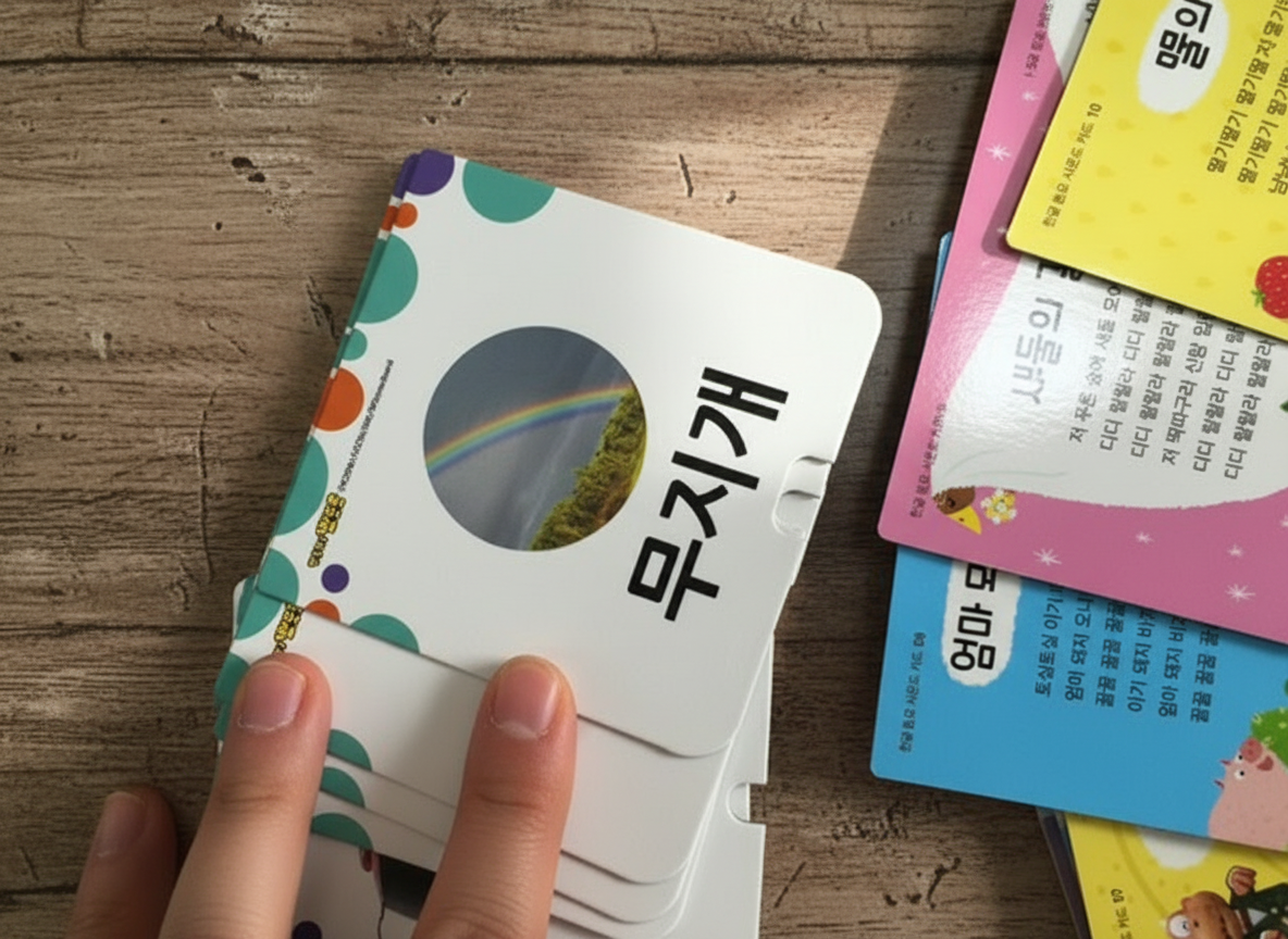 뽀로로 한글 동요 사운드 카드 박스 오픈 이미지: 아이가 상자 열고 반짝이는 눈으로 바라보는 장면