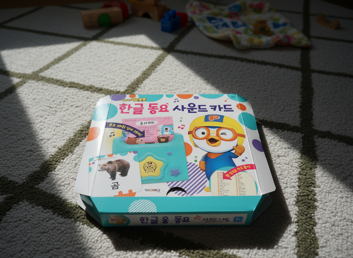 아이와 부모가 함께 뽀로로 사운드 카드를 가지고 노는 장면, 카드를 꽂아 동요 재생 중