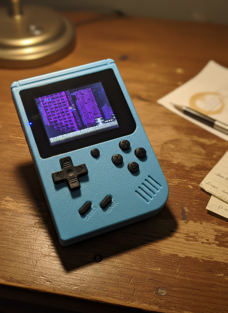 작은 휴대용 레트로 게임기 제품 이미지 — 손에 쥔 모습과 작은 화면이 보임
