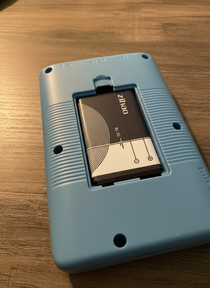 거실에서 가족이 함께 레트로 게임기를 즐기는 장면 — 작은 화면을 보며 게임하는 모습