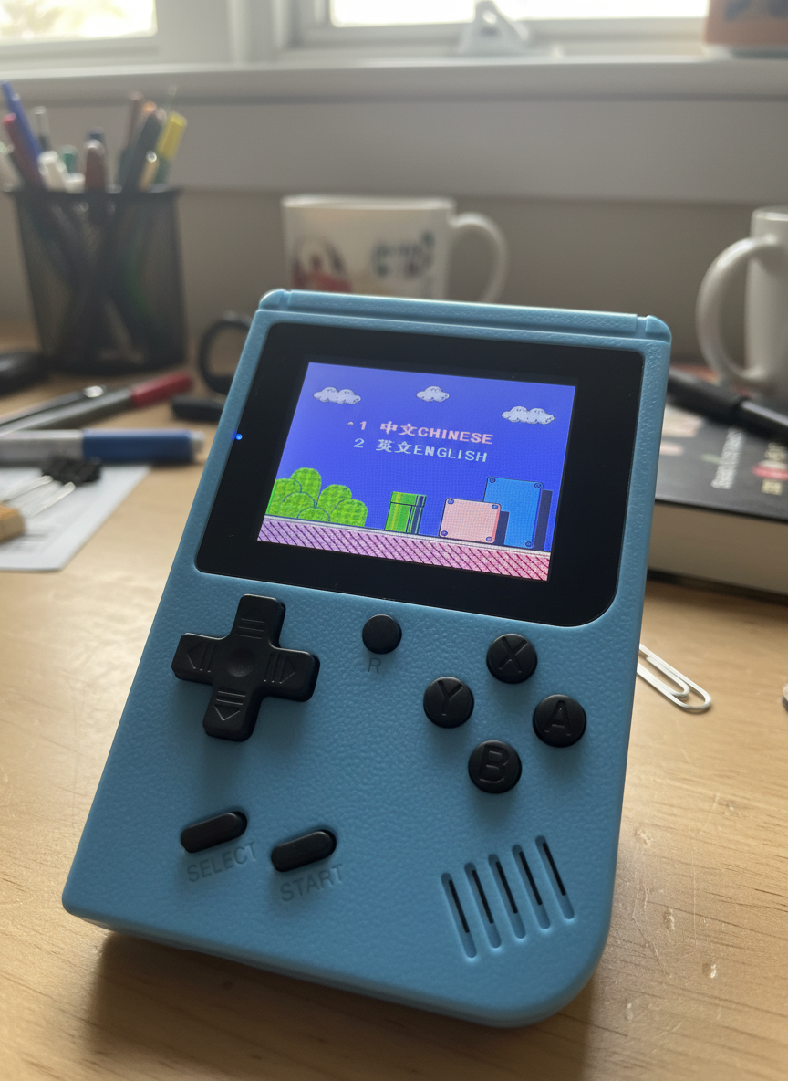 아이들이 번갈아 가며 레트로 게임기를 하며 경쟁하는 모습