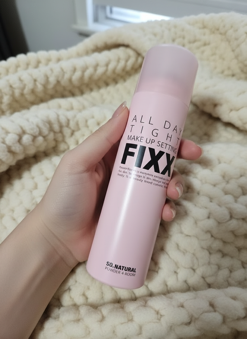 브러시나 퍼프에 픽서를 뿌려 사용하는 방법을 보여주는 이미지