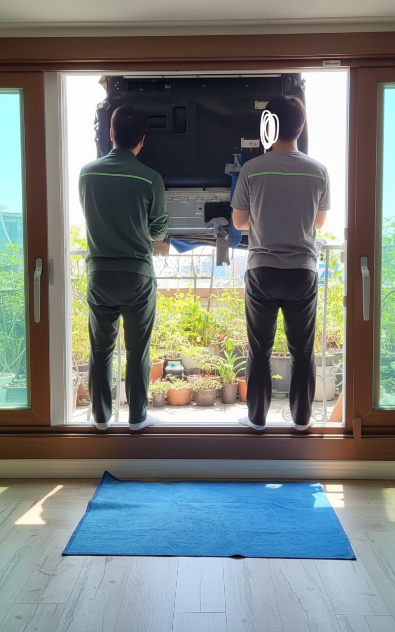 최종 추천 이미지: 삼성 852L 양문형 냉장고 앞에 정리된 식재료