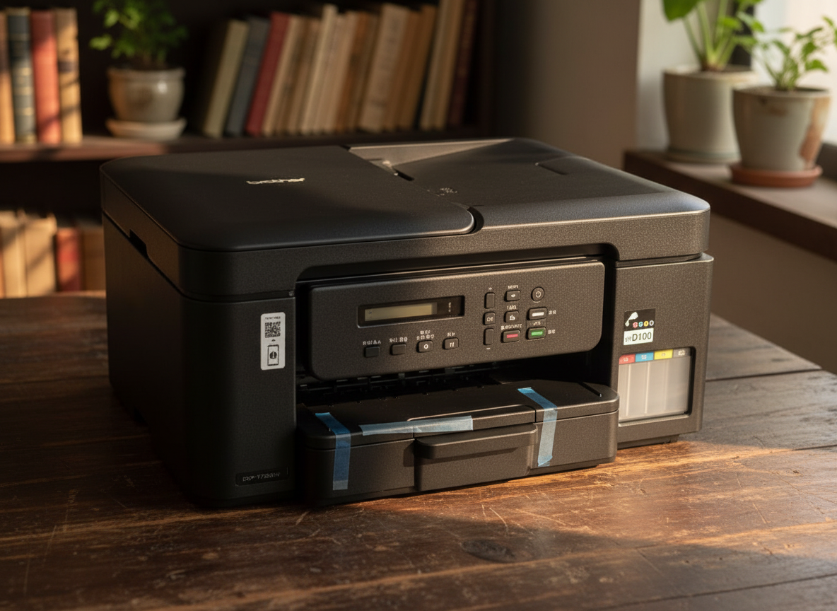 박스를 연 브라더 DCP-T730DW 프린터 전경 이미지 — 제품 박스 오픈과 외형