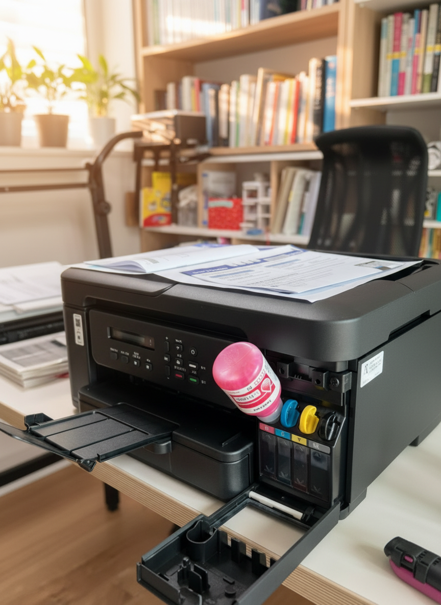 가정에서 프린터로 출력한 문서와 사진을 보여주는 이미지 — 출력물 예시