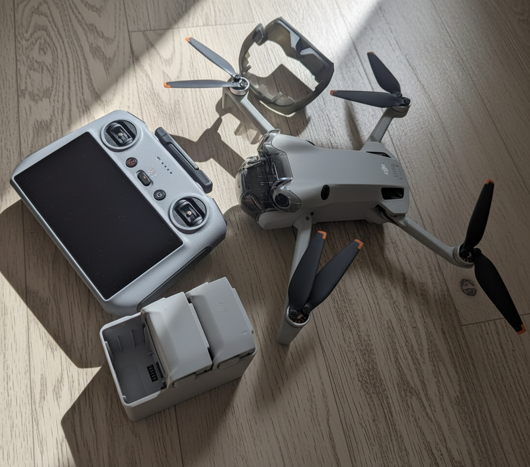 언박싱 장면을 묘사한 이미지: 작은 여행 가방에서 미니 헬리콥터를 꺼내는 모습