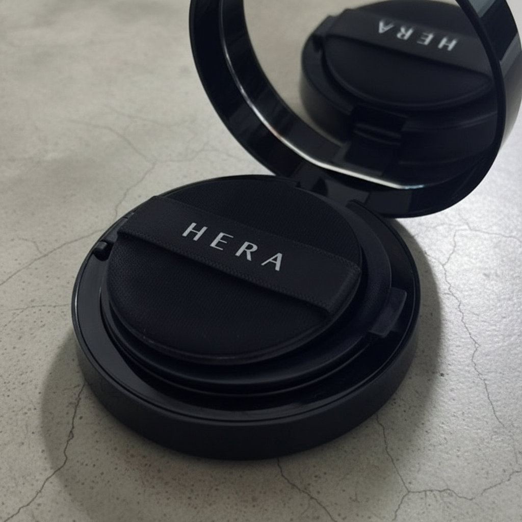 퍼프로 쿠션을 바르는 장면을 묘사한 이미지 - 피부에 밀착되는 텍스처 표현