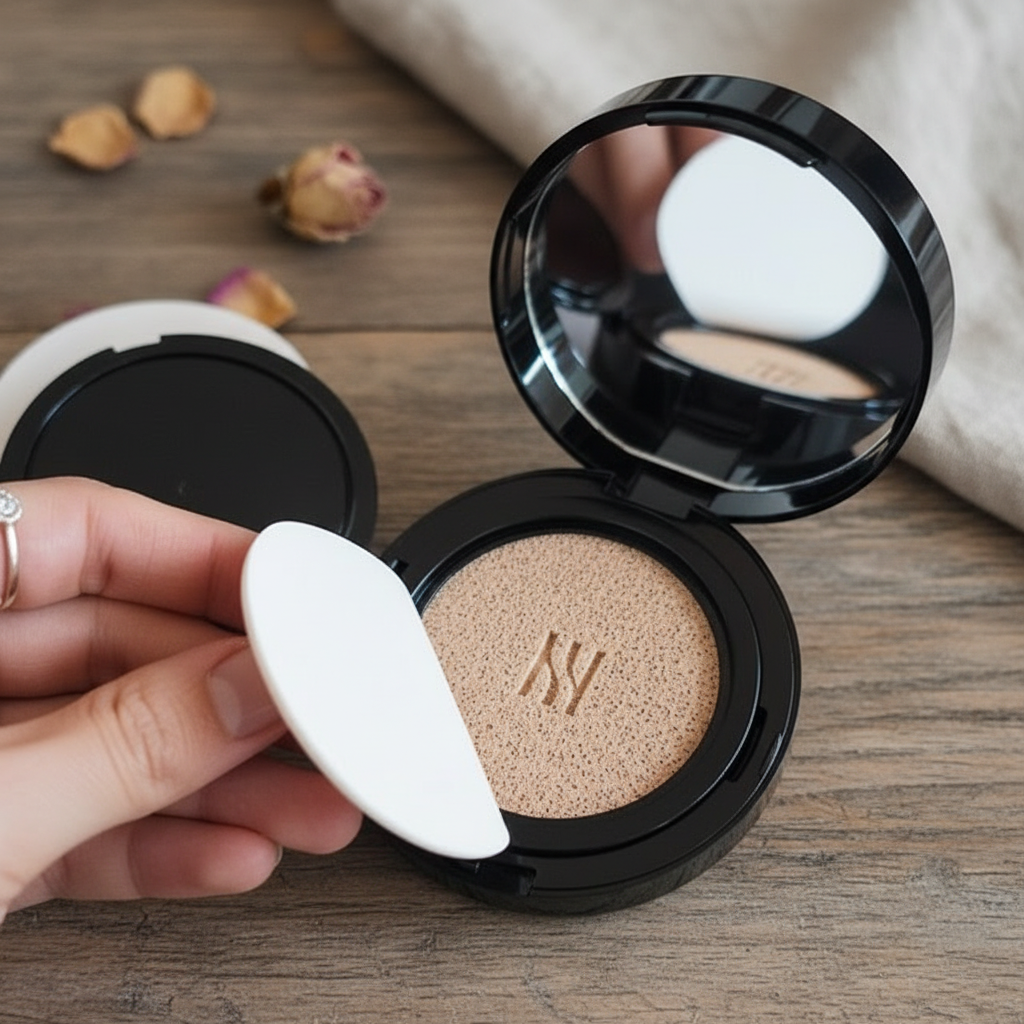 얇게 레이어드한 피부 표현을 보여주는 이미지 - 자연스러운 커버력 강조