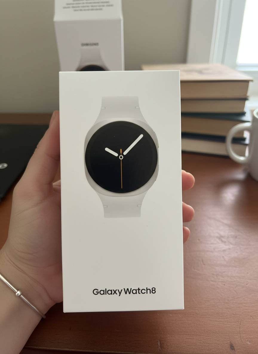 갤럭시워치8 개봉 후 손목 착용 첫인상 이미지(가벼움과 44mm 화면 강조)