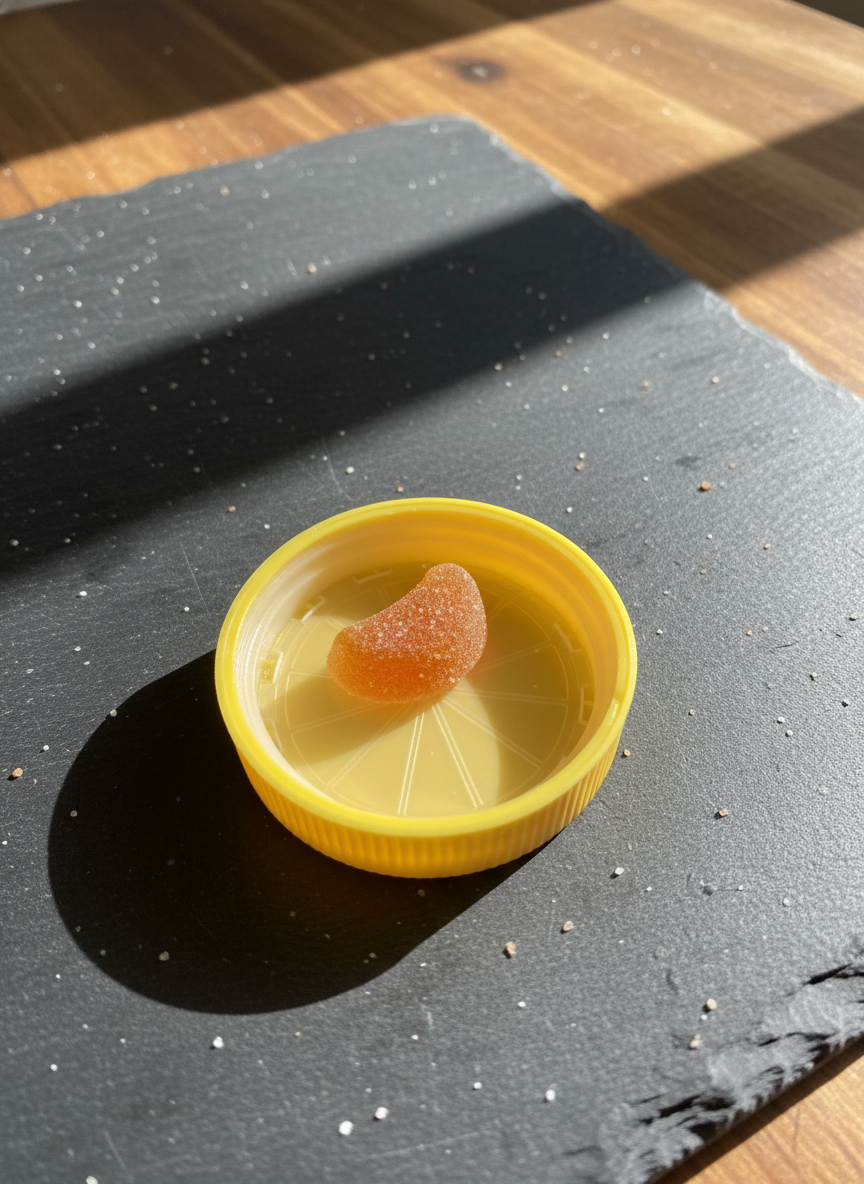 비타민C 구미 제품 병을 연 모습, 은은한 과일 향을 표현한 이미지