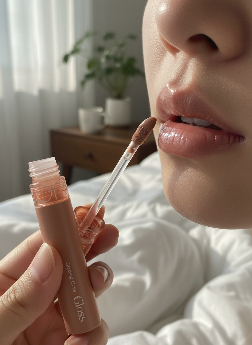 바람 부는 날 머리카락이 글로스에 달라붙는 모습